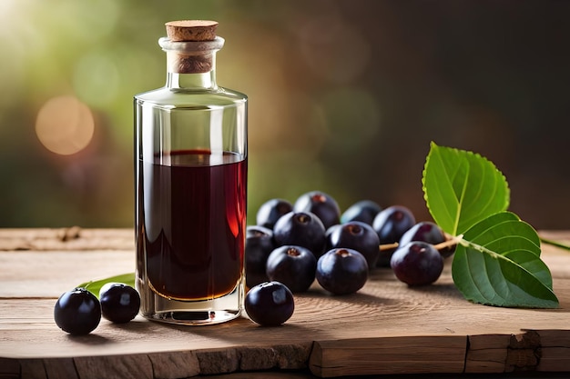 a bottle of plum oil with a leaf and a leaf of a tree.