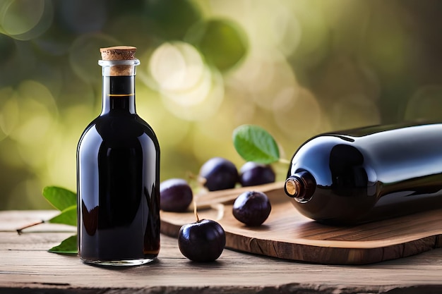 A bottle of plums next to a black plum