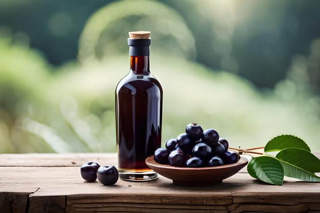 A bottle of plums sits on a wooden table with a bowl of blueberries