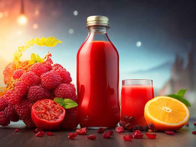 A bottle of pomegranate juice next to a glass of juice.