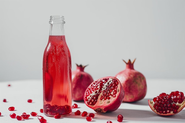 Photo a bottle of pomegranate sitting next to a half of a pome