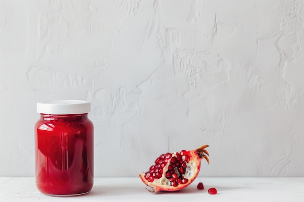 Photo a bottle of pomegranate syrup sits gracefully next to a fresh pomegranate on a white surface against a plain backdrop