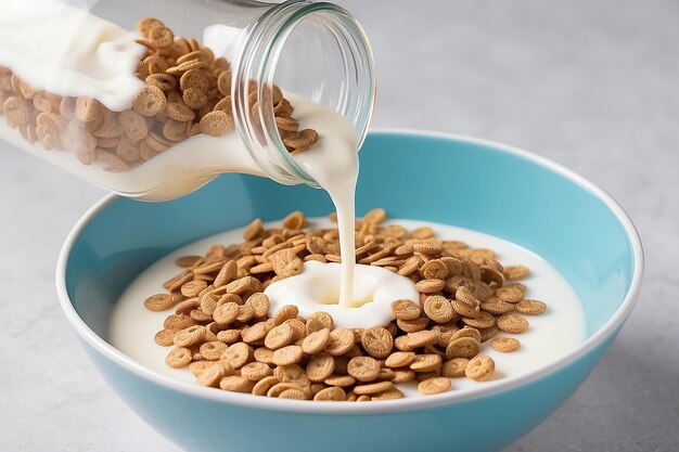 Bottle poured milk into a bowl of cereal