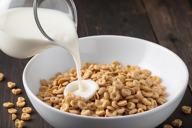 Bottle poured milk into a bowl of cereal