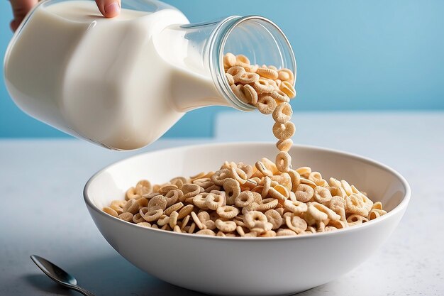 Bottle poured milk into a bowl of cereal