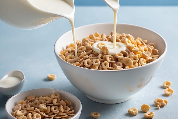 Bottle poured milk into a bowl of cereal