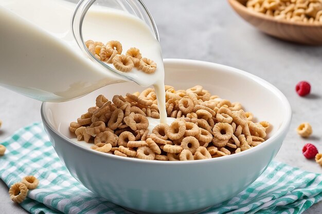 Bottle poured milk into a bowl of cereal