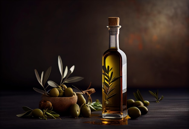 Bottle pouring virgin olive oil into a container close up Generative AI