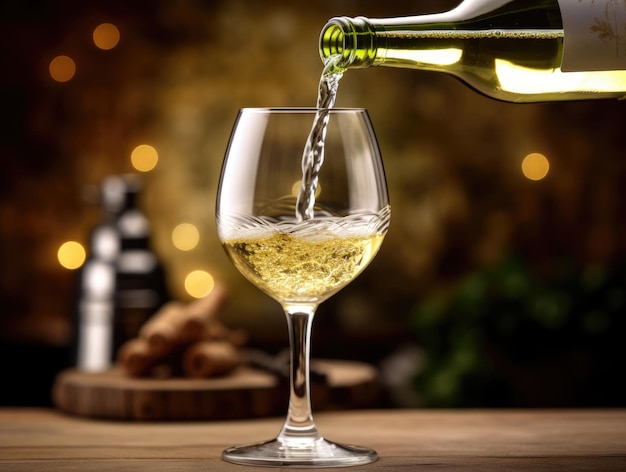 Бутылка наливает белое вино в стакан