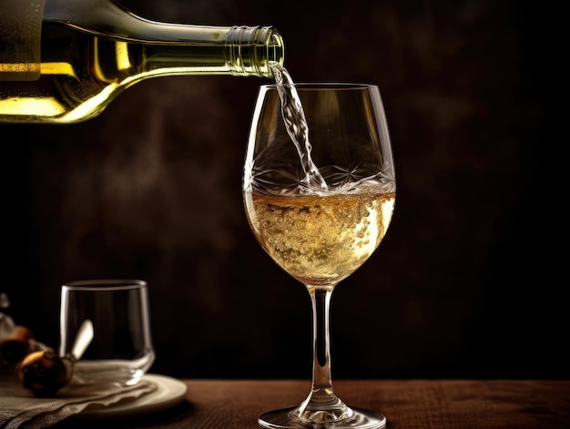 The bottle pours white wine into a glass