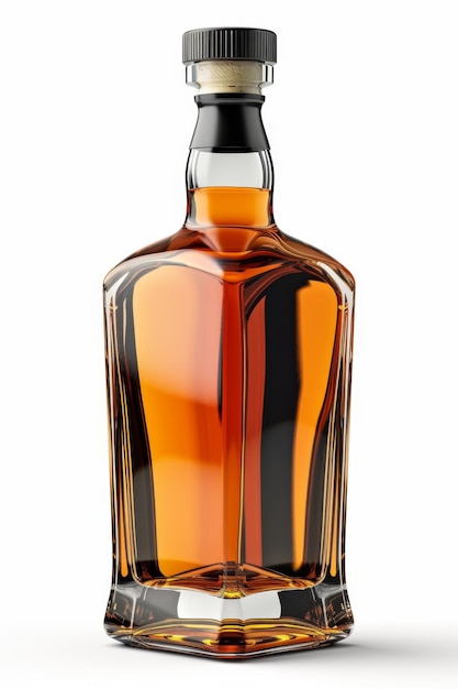Bottle of premium alcohol amber color isolated on white background A bottle Of Whiskey A bottle of elite alcohol in amber color highlighted on a white background
