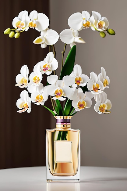 A bottle of premium perfume surrounded by a bouquet of fresh orchids Aigenerated