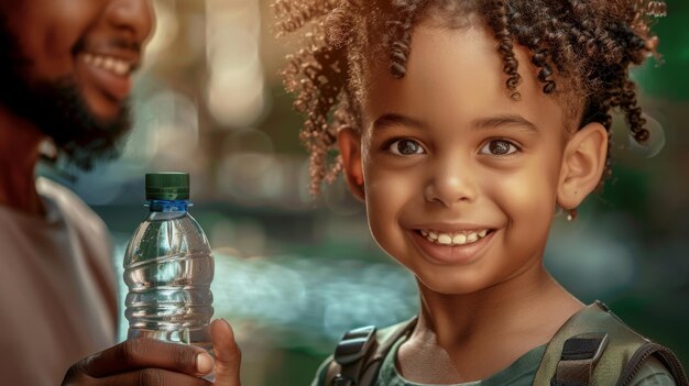 Photo bottle of pure fresh drinking water in hand of thirsty happy pupil teenager afroamerican child dra