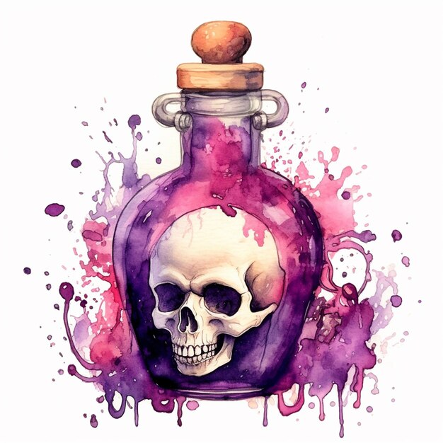 A bottle of purple liquid with a skull in it.