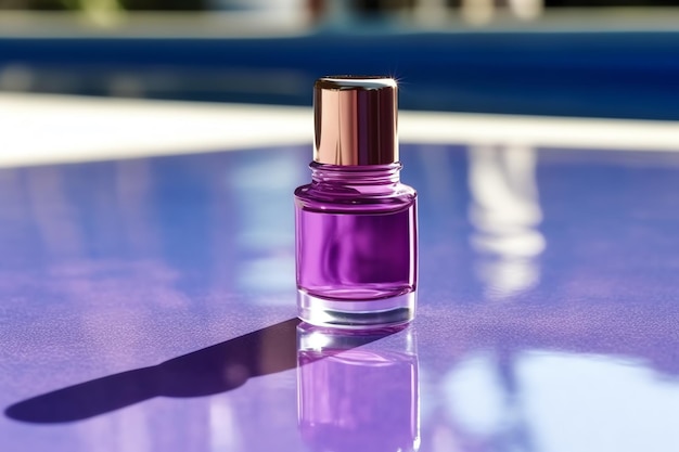 A bottle of purple perfume on a table