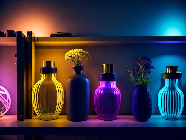 Bottle on the rack glowing lighting background