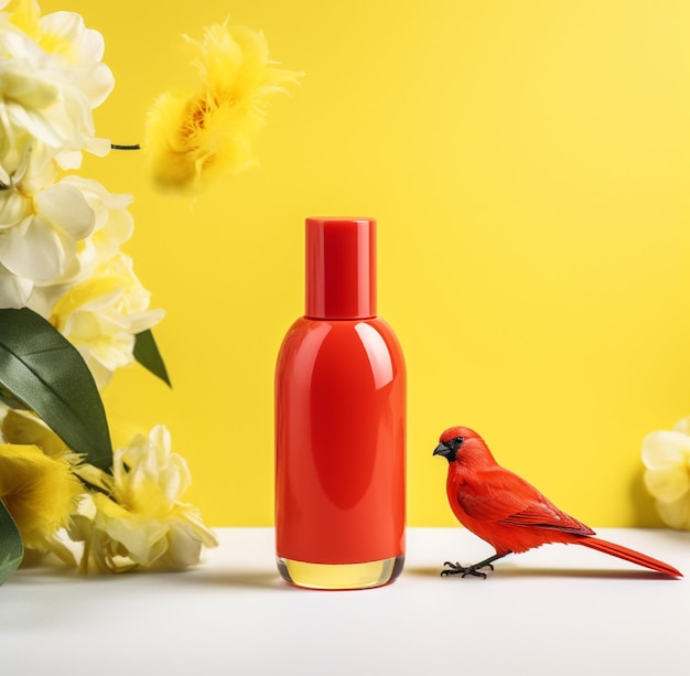 A bottle of red bird next to a red bird on a table.