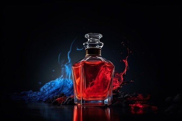 A bottle of red and blue liquid on a table generative ai image