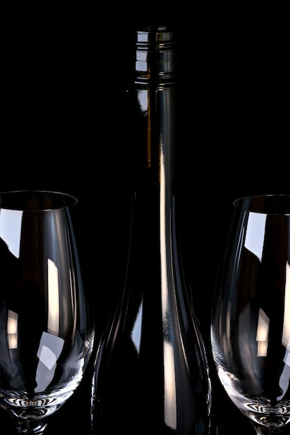 Bottle of red fortified grape wine with two empty glasses art photography on black background