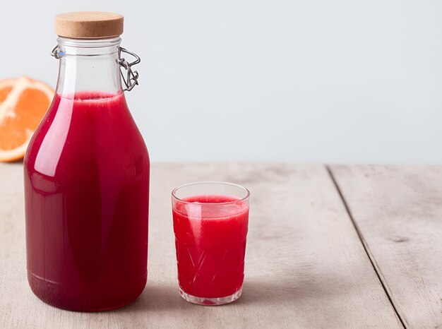 a bottle of red liquid next to a glass of juice