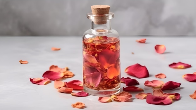 A bottle of red liquid with petals on the table