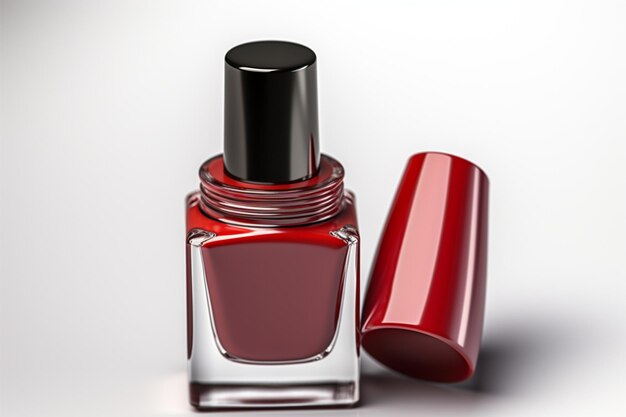 a bottle of red nail polish on a white background