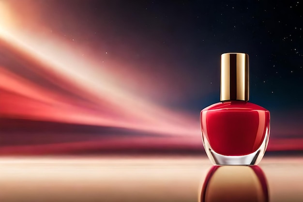 Bottle of red nail polish with gold tones background Created with generative Ai technology