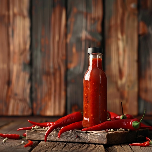 a bottle of red peppers sits on a wooden table