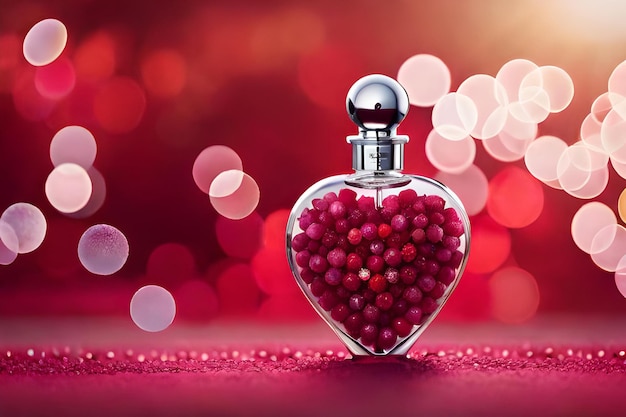 A bottle of red perfume with pink beads in the shape of a heart