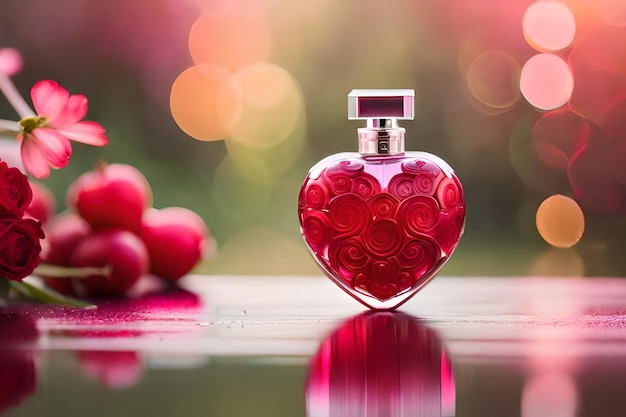 Photo a bottle of red perfume with a red heart shaped label that says 