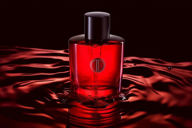 A bottle of red perfume with a red water background generative ai