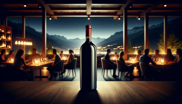 A bottle of red wine background of a restaurant