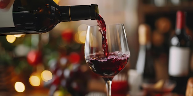 A bottle of red wine being poured into a wine glass