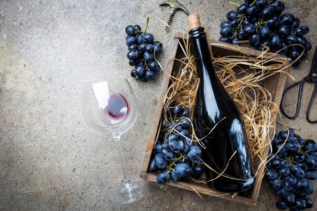 A bottle of red wine in a box with grapes on a gray stone