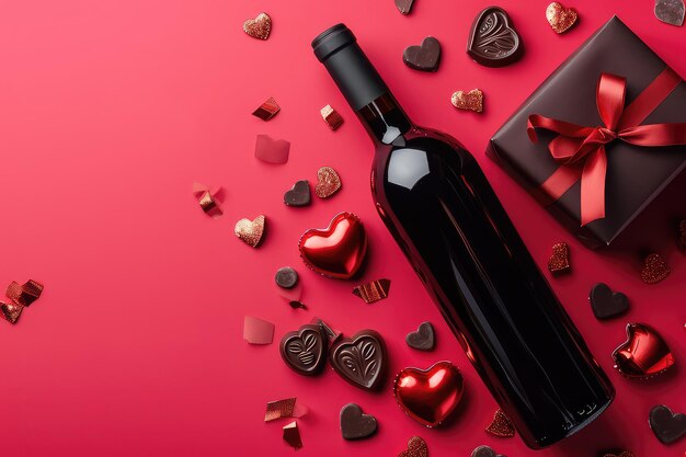 A bottle of red wine on a colored background for Valentines Day with a gift and chocolate