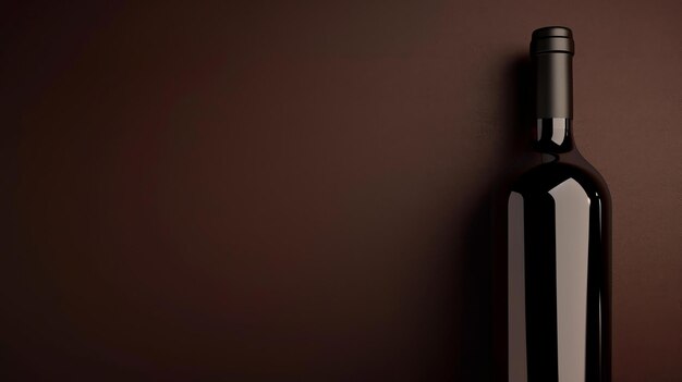 Photo a bottle of red wine on a dark brown background the bottle is dark green and has a black cap