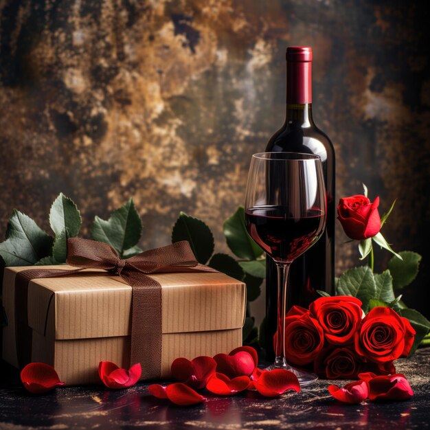 Foto bottiglia di vino rosso in scatola regalo e rose rosse su sfondo di legno