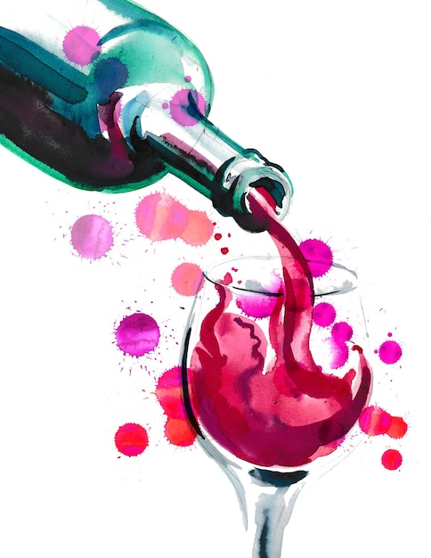 Bottle of red wine and glass Handdrawn watercolor painting