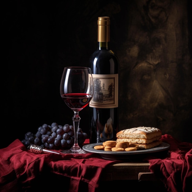 Bottle of red wine glass of red wine crackers and grapes on a dark background