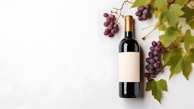 Bottle of red wine and glass on white table in a clean color background