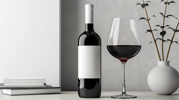 A bottle of red wine and a glass on a white table There is a plant and some books in the background The bottle has a blank label