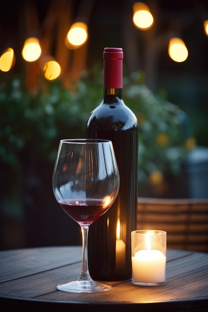 A bottle of red wine and a glass of wine on a table with a lit candle