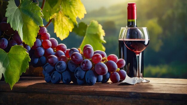 Foto bottiglia di vino rosso e uva in cesto su un tavolo di legno nel vigneto