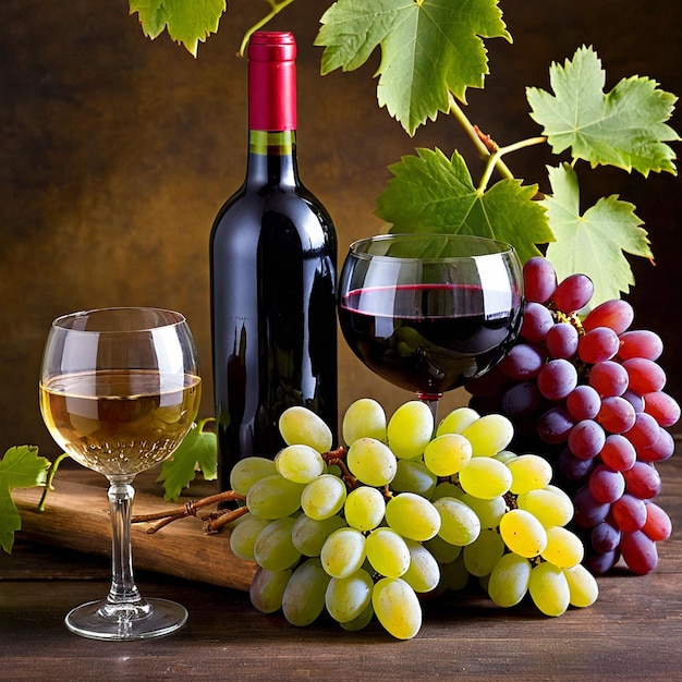 Photo bottle of red wine grapes and leaves on a white background