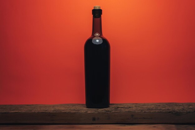 古いオークの木のテーブルとサンゴのオレンジ色の背景に赤ワインのボトル