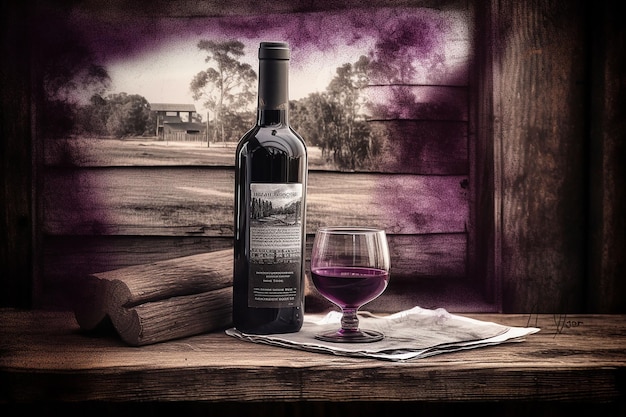 Bottle of red wine on rustic wooden background Toned Poster