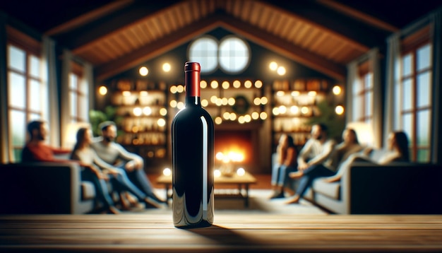 A bottle of red wine set against the background of a home interior