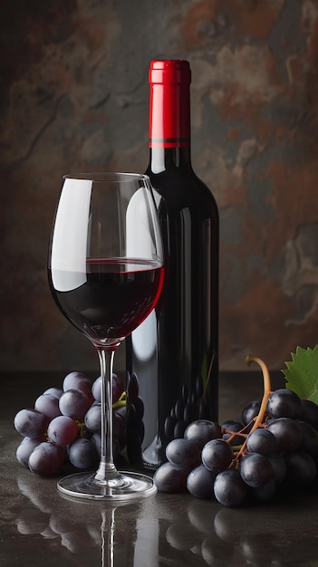 Photo bottle of red wine stands beside glass