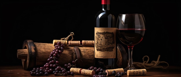 Photo a bottle of red wine a wine barrel and a corkscrew
