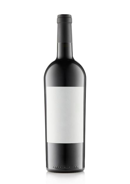 Bottle of red wine with black top and white blank label on white background